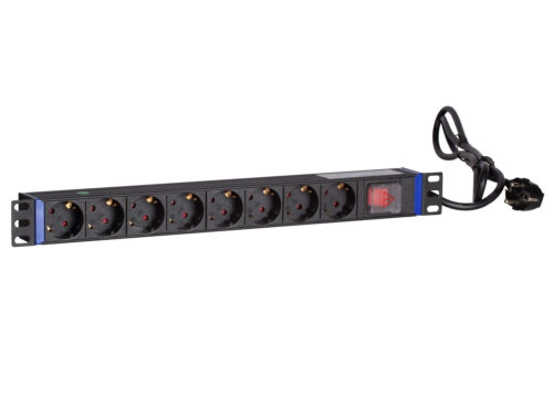 19 inch stekkerdoos, 8-voudig, met schakelaar, 2m kabel